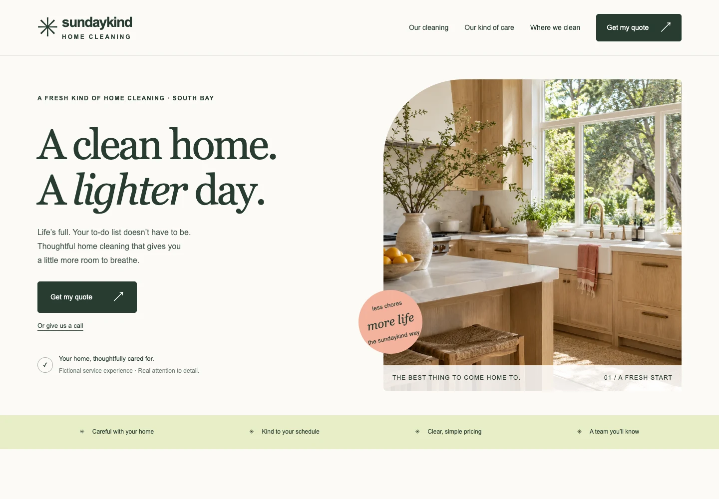 Sundaykind Home website with a sunlit kitchen and cleaning quote call to action