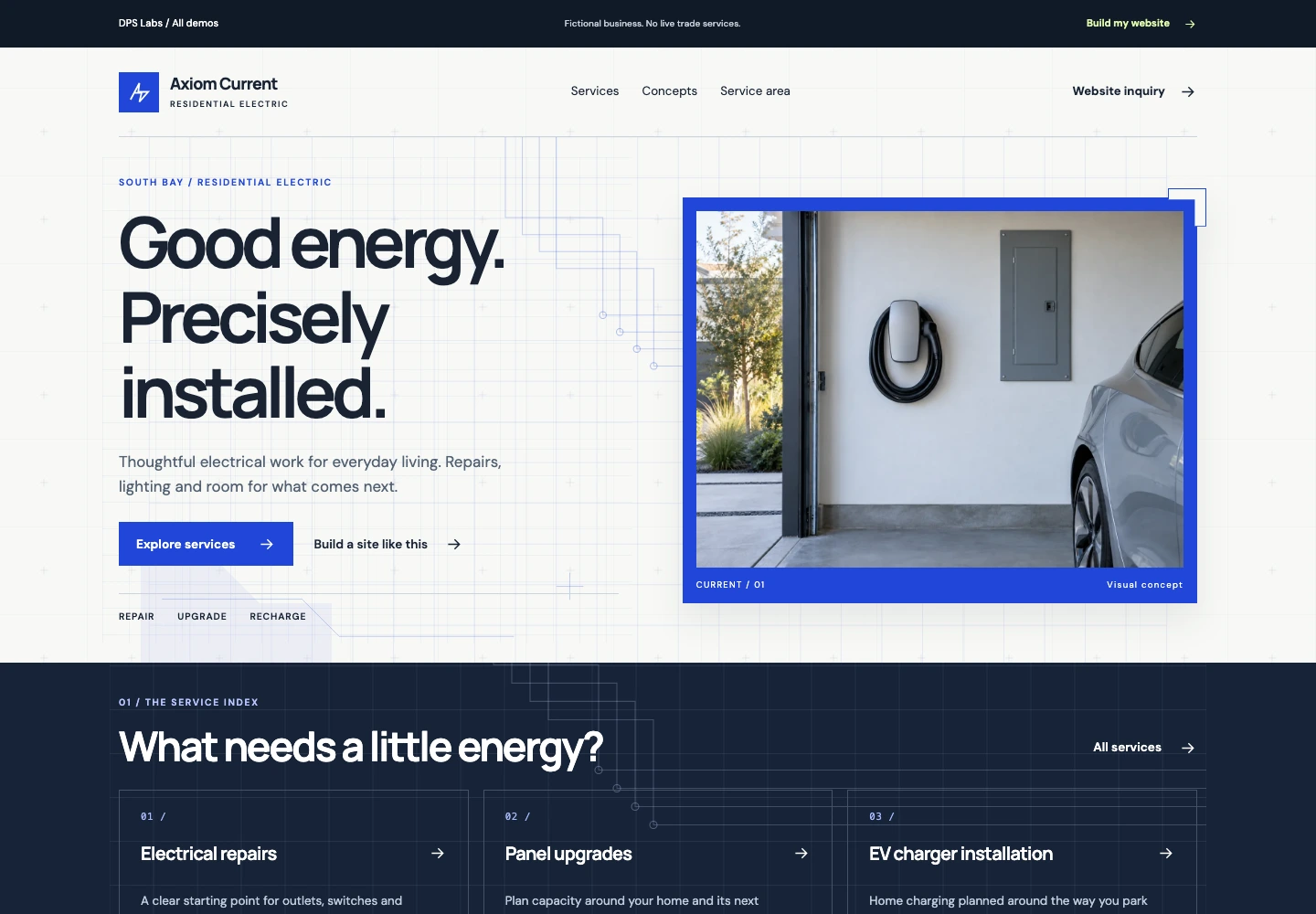 Axiom Current Electrical demo website homepage