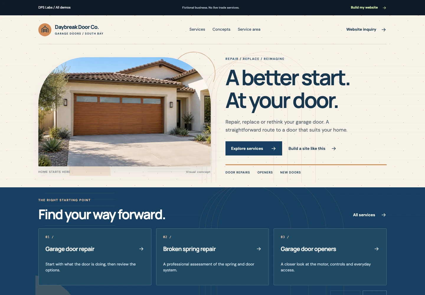 Daybreak Door Co. Garage door services demo website homepage