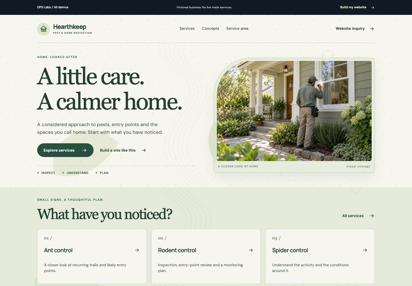 Hearthkeep Pest control demo website homepage