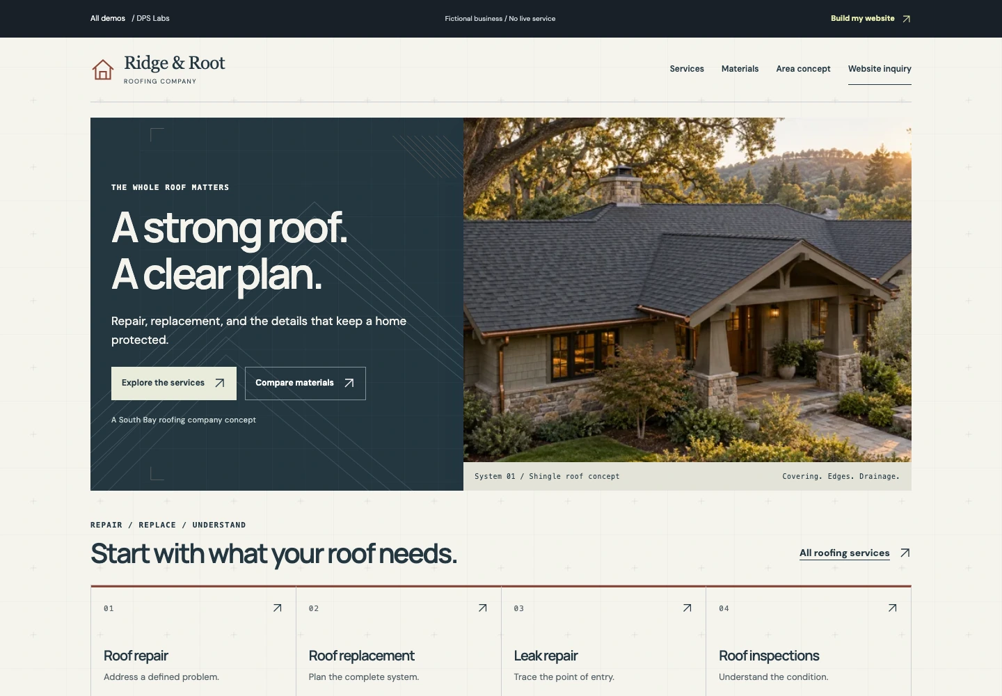 Ridge & Root Roofing demo website homepage