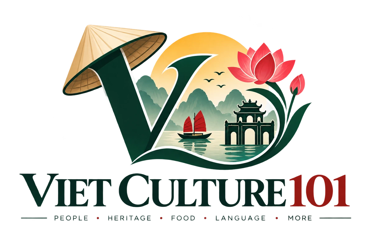 Việt Culture 101 logo with a conical hat, lotus flowers, mountains, a boat, and a Vietnamese landmark